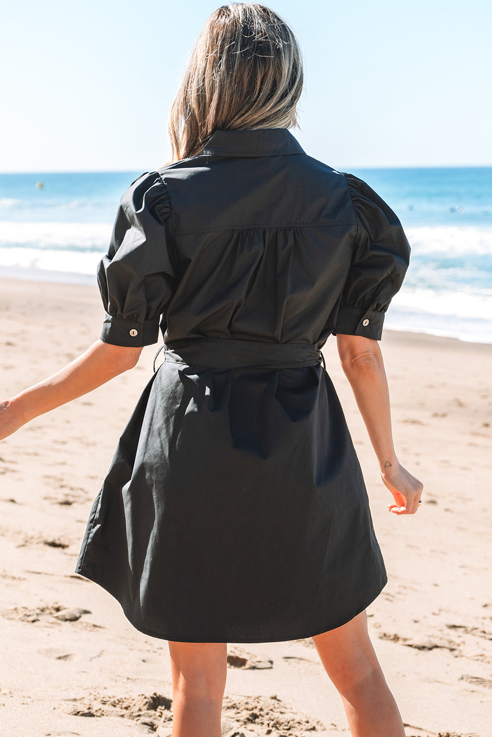 Threaded Pear Malaya Button Up Tie Waist Puff Sleeve Mini Dress