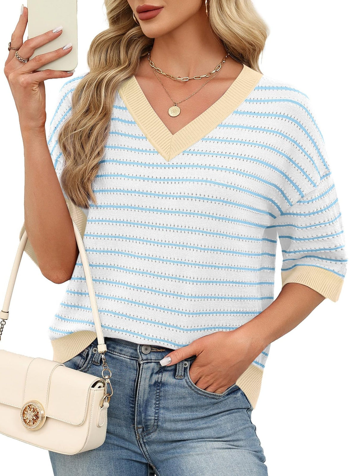 Oversized 3/4 Length Sleeve Womens Sweaters V Neck Cute Crochet Blouses