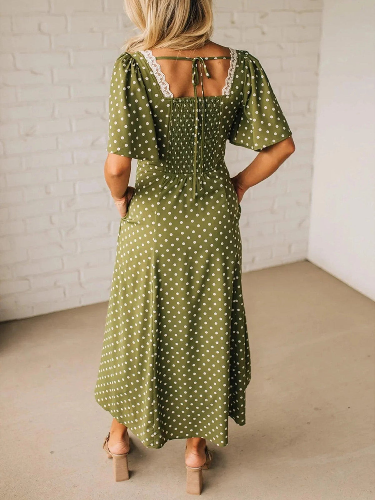HOT SALE Women's Polka Dot Lacy Neckline Smocked High Waist Maxi Dress