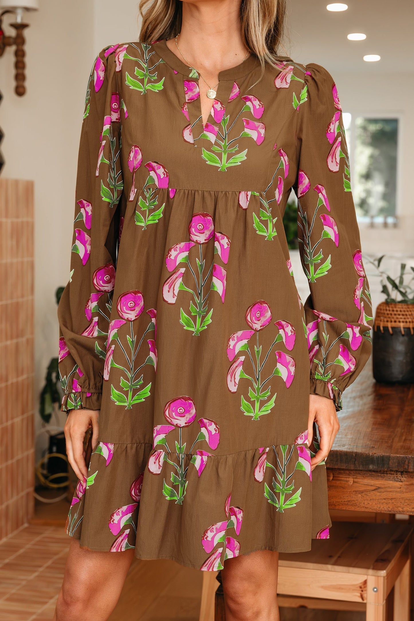 Threaded Pear Kelly Hem Puff Sleeve Dress