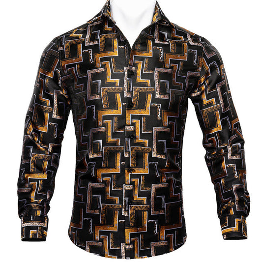 Barry Wang Men's Teal Paisley Floral Silk Shirt | Luxury Long Sleeve Jacquard Designer Dress Shirt | Elegant Floral Autumn Casual Shirt for Men