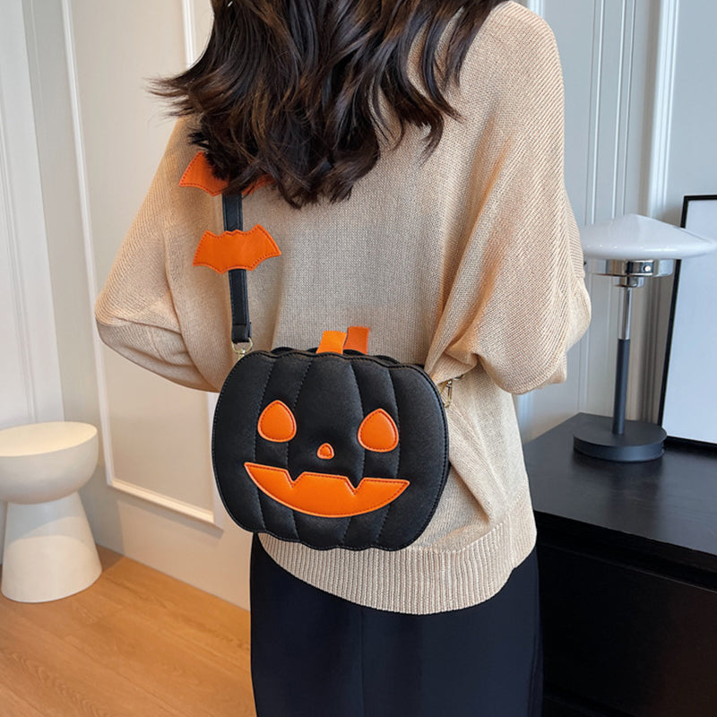 Halloween Funny Pumpkin Crossbody Bag | Creative Cartoon Pumpkin Purse with Bat Wings | Personalized Fall Festival Shoulder Bag | Whimsical Holiday Party Bag for Women & Teens