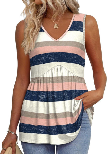 📣Women's Print Flowy Sleeveless V Neck Peplum Tank Tops