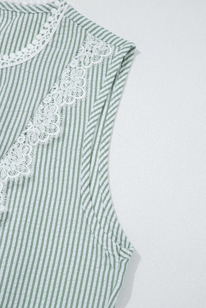 Threaded Pear Meredith Stripe Lace Patchwork Crew Neck Tank Top
