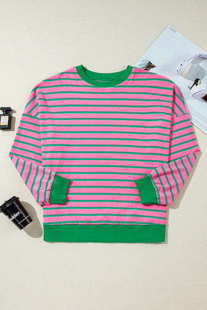 Threaded Pear Pink Stripe Waffle Knit Crew Neck Plus Size Sweatshirt