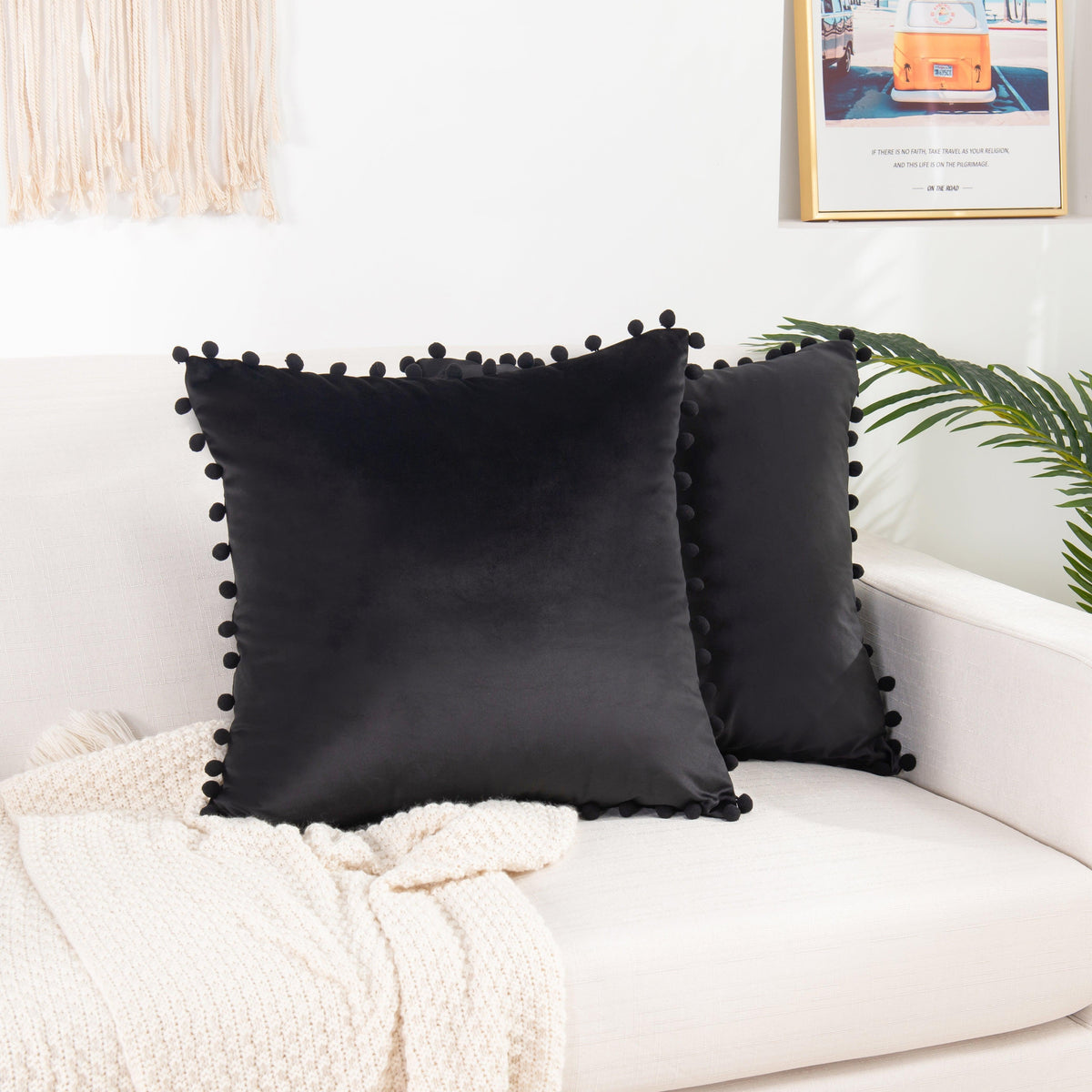 Elegant Comfort 2 Piece Pom-Pom Velvet Cushion Cover - Pillow Covers