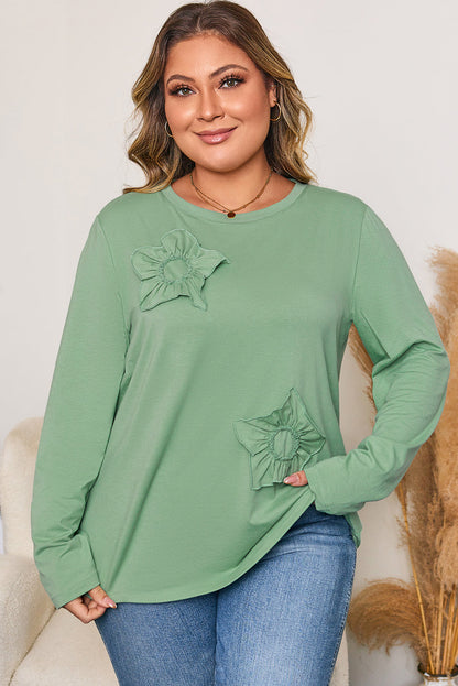 Threaded Pear Grass Green Flower Applique Mineral Wash Plus Size Top