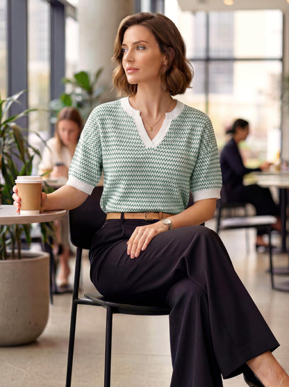 Polo V Neck Striped Short Sleeve Casual Pullover Sweaters Spring SummerVibes