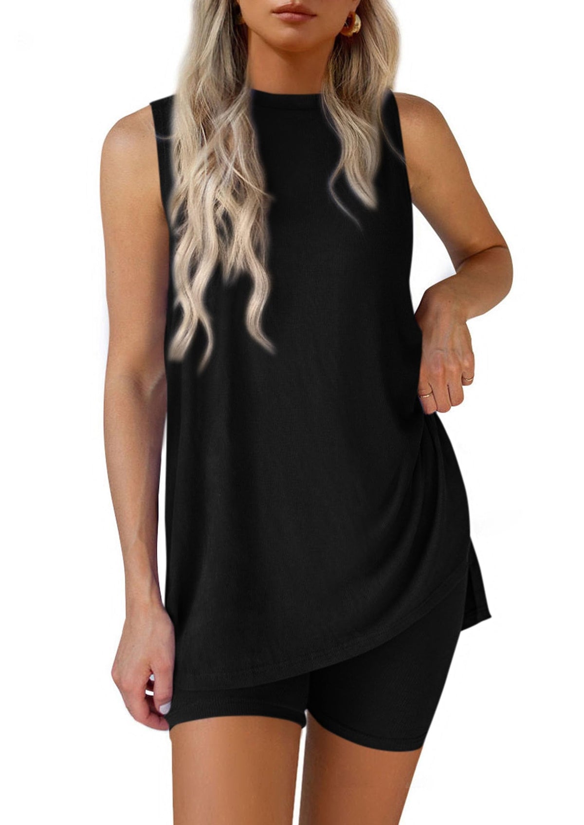 Women Summer Matching 2 Piece Outfit Split Hem Top & Shorts Set