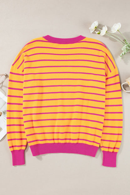 Threaded Pear Briar Stripe Trimmed Round Neck Loose Sweater