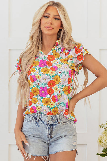 Threaded Pear Leslie Floral Shirred Tiered Ruffled Sleeve Blouse