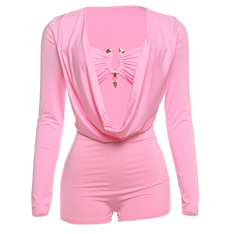 Spring Summer New Individual Street Deep V Low Cut Solid Color Slim Fit Bodycon Jumpsuit