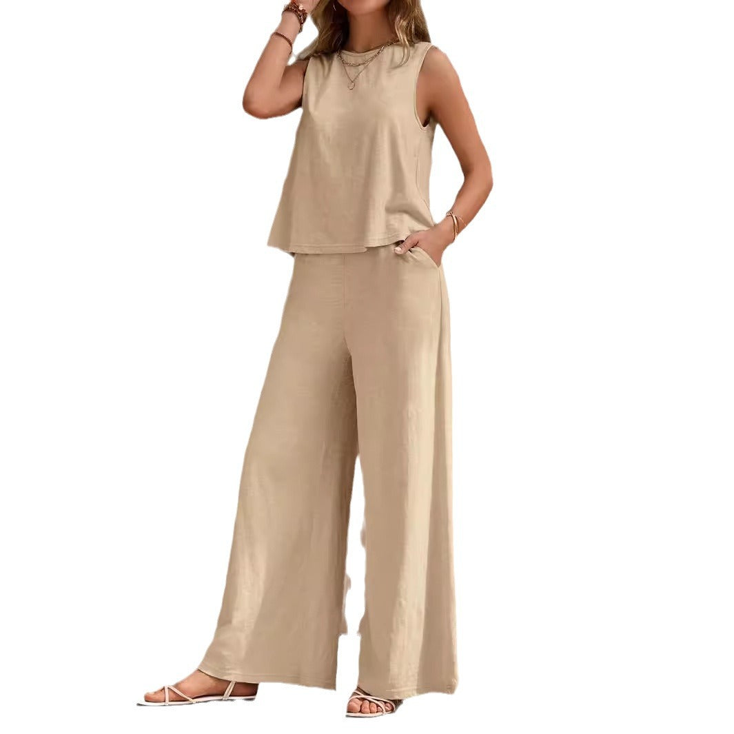 Women’s Solid Color Casual Loose Pants Set | Elegant Spring Summer Two-Piece Suit | High-Sense Breathable Full Trouser Set | Trendy Minimalist Wide-Leg Female Outfit | 2026 High-Fashion Relaxed Fit Co-ord Set