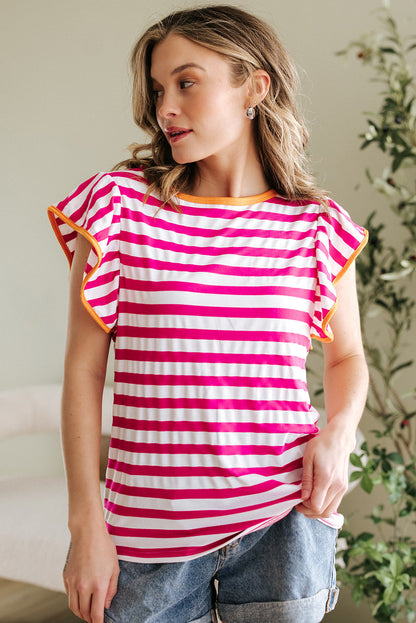Threaded Pear GloriaStriped Ruffle Sleeve Crew Neck Blouse