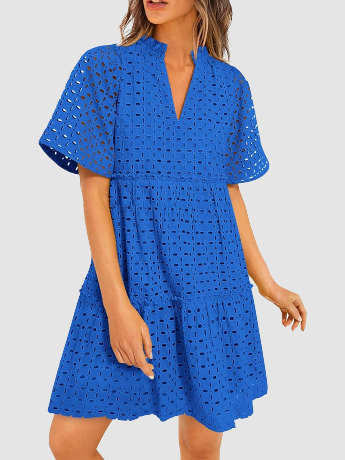 Women's Eyelet Embroidery V-Neck Smocked Waist A-Line Dress