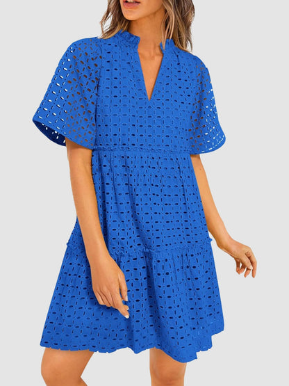 Women's Eyelet Embroidery V-Neck Smocked Waist A-Line Dress