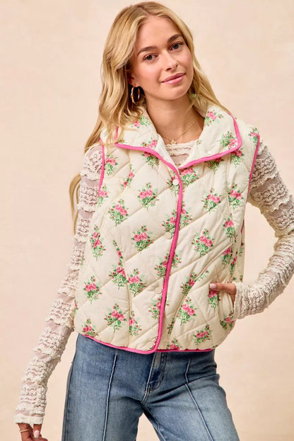 BiBi Floral Print Piping Detail Quilted Vest