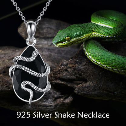 925 Sterling Silver Snake Necklace | Black Obsidian & Tourmaline Crystal Pendant | Gothic Serpent Jewelry for Men & Women | Protective Healing Stone Necklace | 2026 High-Fashion Mystical Gift Jewelry