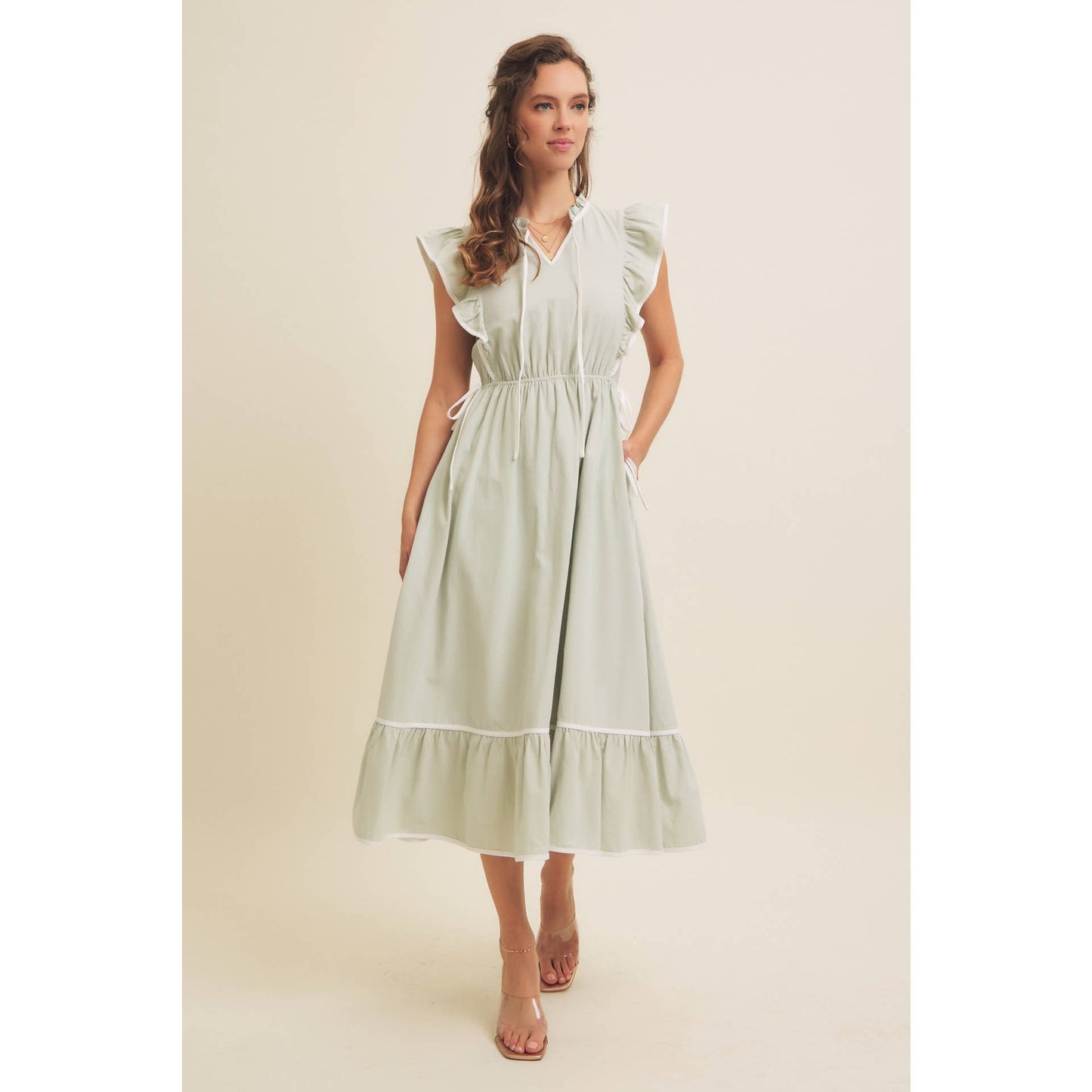 Annie- Cotton Gauze Midi Dress With Ruffles and Contrast Binding