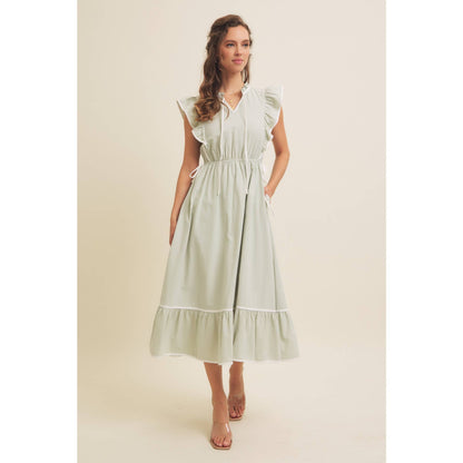 Annie- Cotton Gauze Midi Dress With Ruffles and Contrast Binding