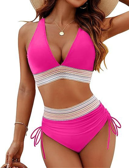 Fashion Womens High Waist Bikini Set Two Piece Swimsuit Solid Color