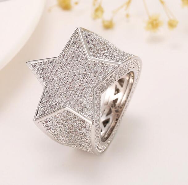 Men’s Hip-Hop Iced-Out Five-Pointed Star Ring | Full Diamond Simulant Star Statement Ring | Bold Streetwear Jewelry for Men | Luxurious Rockstar Star Band Ring