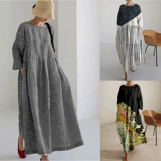 Women’s Relaxed-Fit Crew Neck Printed Midi Dress | High-End Minimalist A-Line Dress | Trendy High-Sense Casual Summer Gown | Elegant Round Neck Printed Midi | 2026 High-Fashion Statuesque Flowing Dress