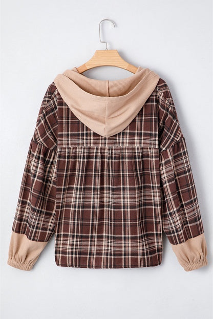 Threaded Pear Lauren Plaid Patchwork Long Sleeve Hooded Top