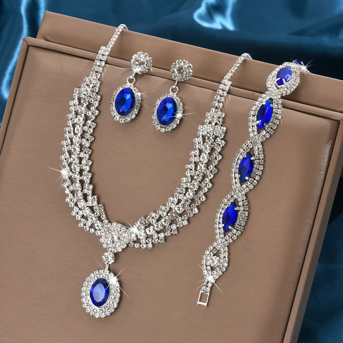 Luxury European Sapphire Jewelry Set | 4-Piece Elegant Necklace, Earrings, Bracelet & Ring Set | Deep Blue Crystal Formal Jewelry Collection | Royal Banquet Jewelry Set for Women
