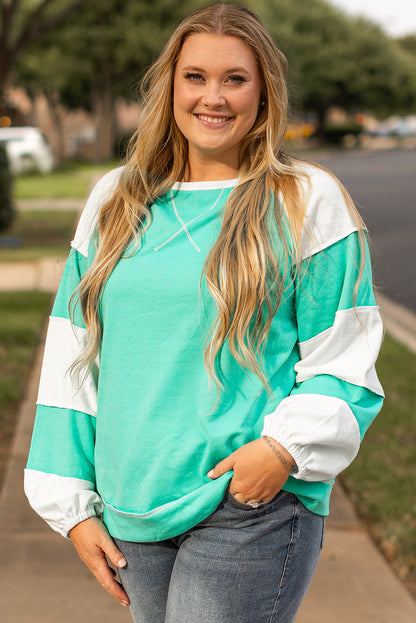 Threaded Pear Aruba Blue Colorblock Patchwork Cross Seam Plus Sweatshirt