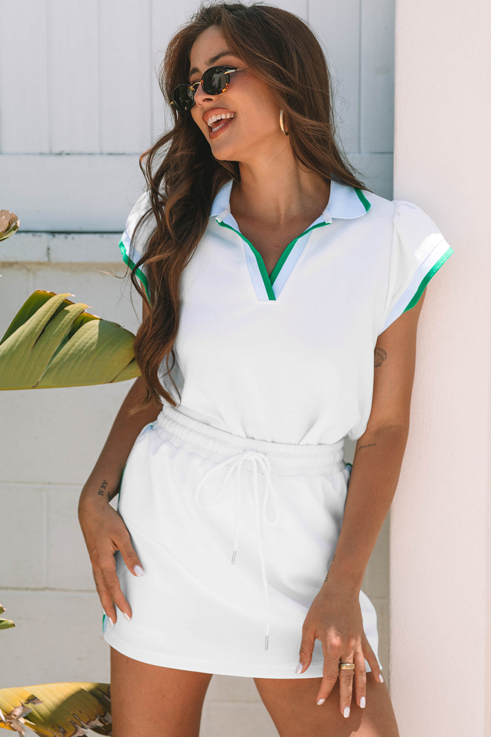 Threaded Pear Emily Edge Cap Sleeve Collared Top 2 Piece Skirt Set