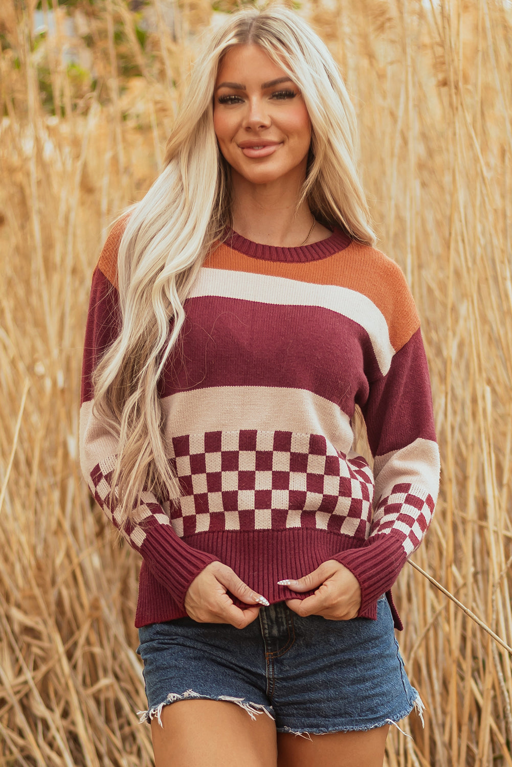 Threaded Pear Noelle Checkered Knitted Sweater