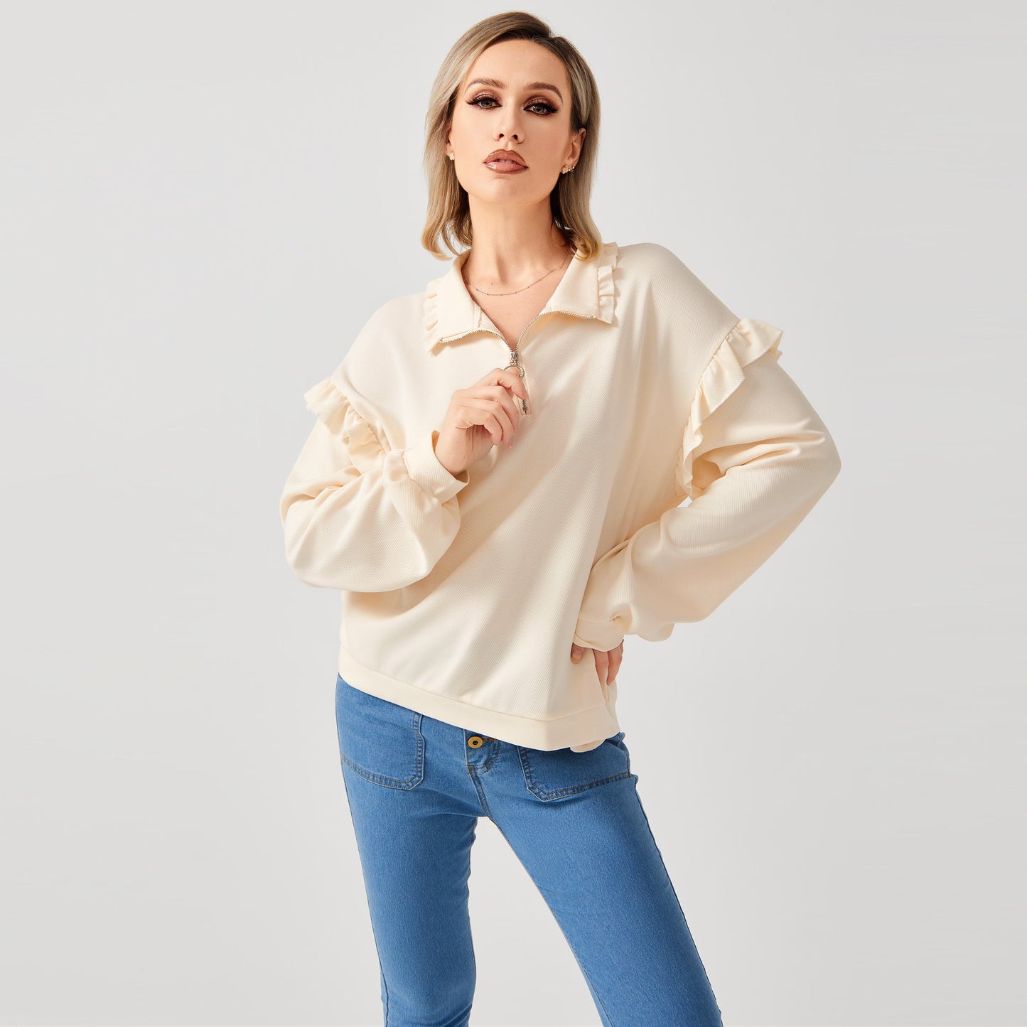 Women’s Casual Ruffle Trim Half-Zip Sweatshirt | Trendy Frill Detail Quarter-Zip Pullover | Elegant Long Sleeve Sporty Sweatshirt | Modern Loose Fit Ruffled Jumper | 2026 Stylish Fall/Winter Streetwear