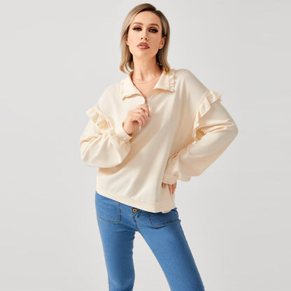 Women’s Casual Ruffle Trim Half-Zip Sweatshirt | Trendy Frill Detail Quarter-Zip Pullover | Elegant Long Sleeve Sporty Sweatshirt | Modern Loose Fit Ruffled Jumper | 2026 Stylish Fall/Winter Streetwear