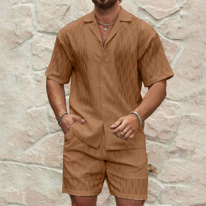 Men’s Summer Fashion Two-Piece Tracksuit | High-Sense Solid Loose Casual Lapel Shirt & Shorts | Trendy Minimalist Beach Holiday Outfit | Luxury-Label Statuesque Radiant Resort Wear | 2026 High-Fashion Emerald-Luxe Essential