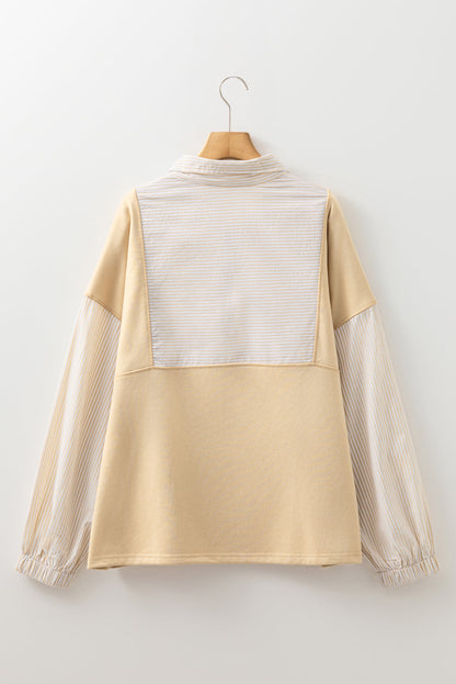 Threaded Pear Khaki Stripe Mix Half Zip French Terry Plus Size Sweatshirt