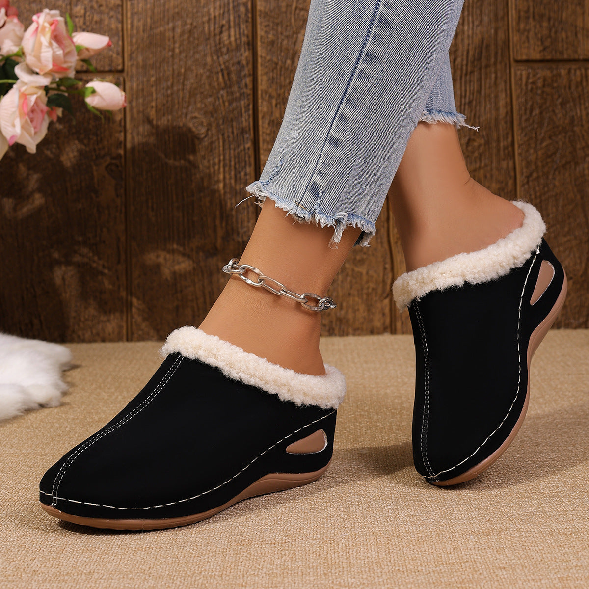 Fashion Plush Outdoor Wedge Sandals | Women’s Warm Garden Clogs & Slippers | Platform Fur-Lined Winter Garden Shoes | Non-Slip Lightweight Comfort Wedges for Women