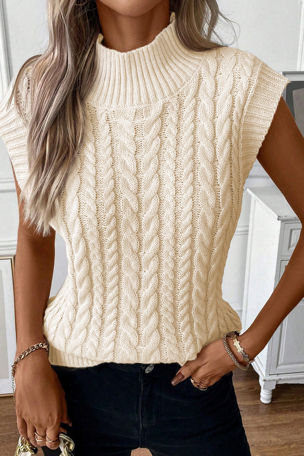 Threaded Pear Sylvia Cable Knit High Neck Sweater Vest
