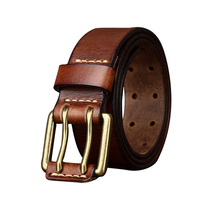 Men’s First-Layer Cowhide Leather Belt | High-Sense Vintage Brass Buckle Waistband | Trendy Minimalist Rugged Heritage Belt | Luxury-Label Statuesque Radiant Accessory | 2026 High-Fashion Emerald-Luxe Essential