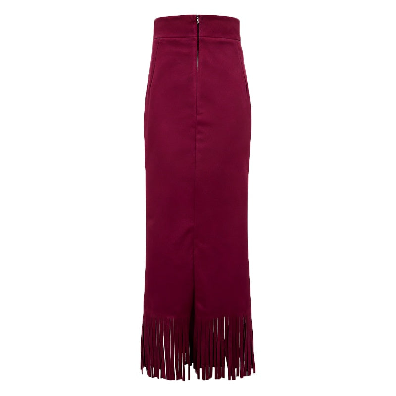 Women’s A-Line Fringe Hem Midi Skirt | Elegant Solid Color Versatile Skirt | Modern High-Waisted Casual Party Skirt | Trendy Fringed Hemline A-Line Bottoms | 2026 High-Sense Fashion Midi Skirt