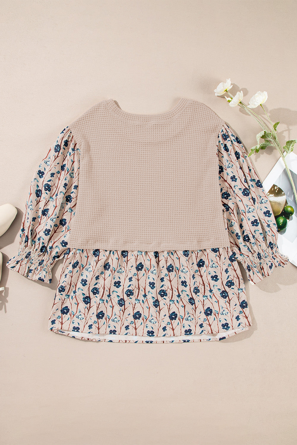Threaded Pear Beige Faux Two Piece Knit Patchwork Floral Print Plus Size Top