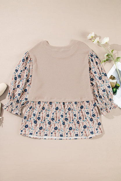 Threaded Pear Beige Faux Two Piece Knit Patchwork Floral Print Plus Size Top