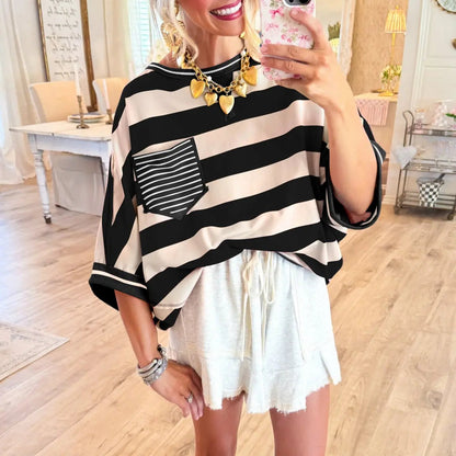 Women's T-shirts Striped Drop Shoulder Pocket T-shirt