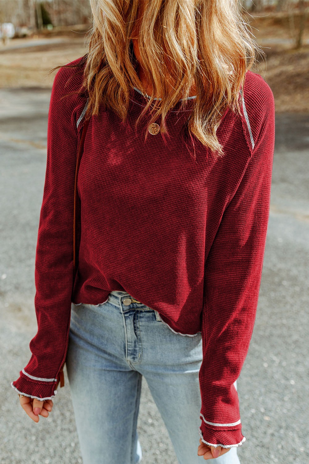 Threaded Pear Daisy Textured Round Neck Long Sleeve Top