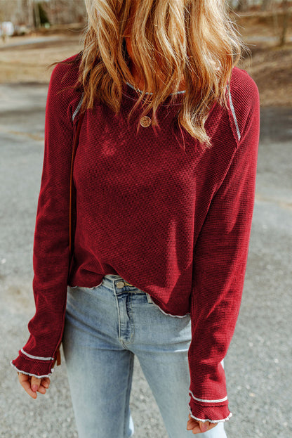 Threaded Pear Daisy Textured Round Neck Long Sleeve Top