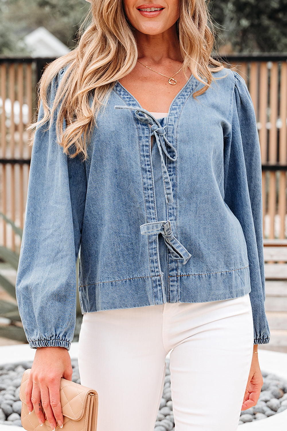 Threaded Pear Oakley Tied Front Long Puff Sleeve Denim Top