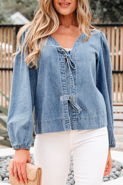 Threaded Pear Oakley Tied Front Long Puff Sleeve Denim Top