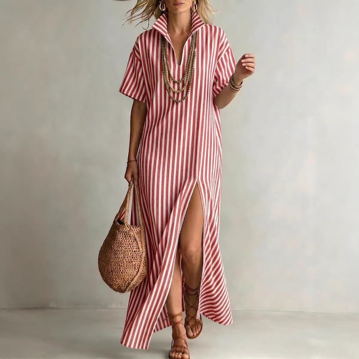V-neck short sleeved striped split cotton linen dress