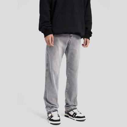 High-Quality Washed Light Gray Distressed Solid Color Denim Jeans with Raw Hem, Basic Casual Long Pants