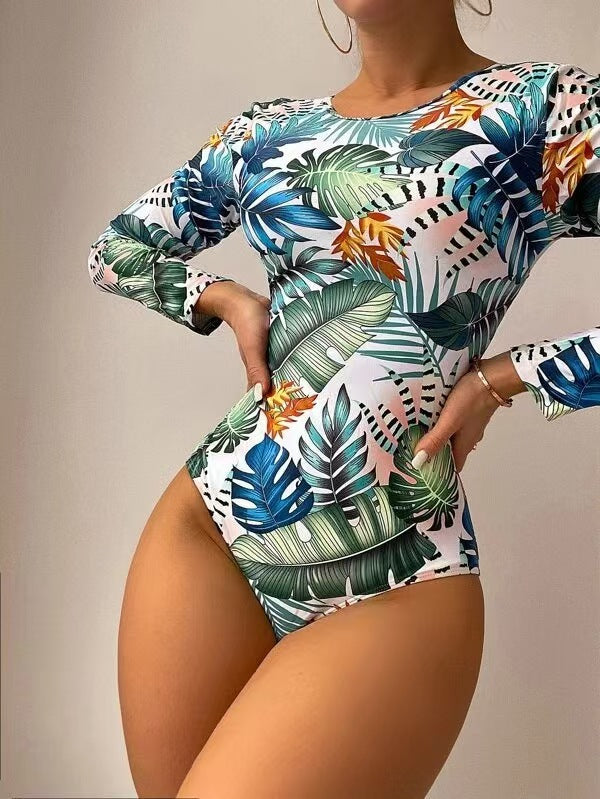 Long sleeved one-piece swimsuit with sexy tight print for women